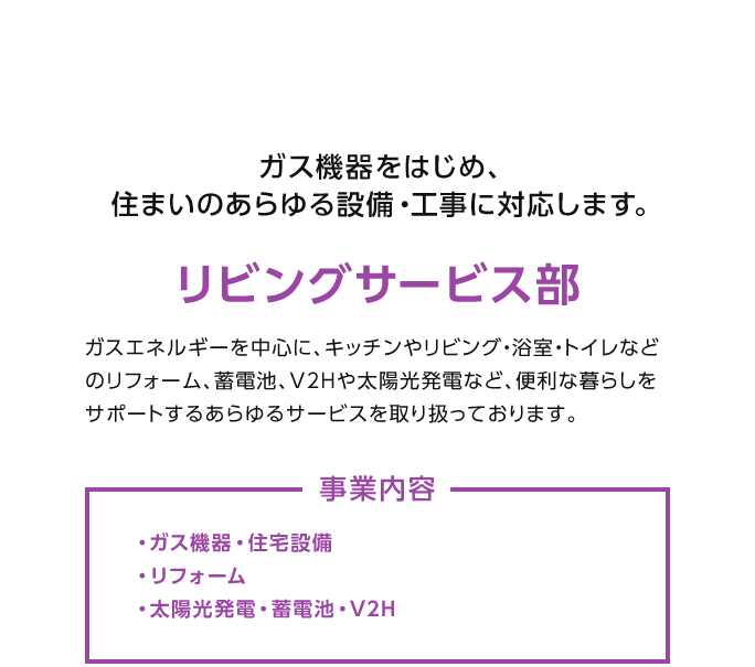 リビングサービス部：ガス機器をはじめ、住まいのあらゆる設備・工事に対応します。